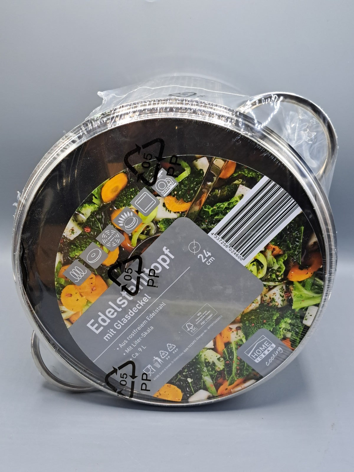 Home Ideas Edelstahltopf mit Glasdeckel 24 cm, 9 Liter